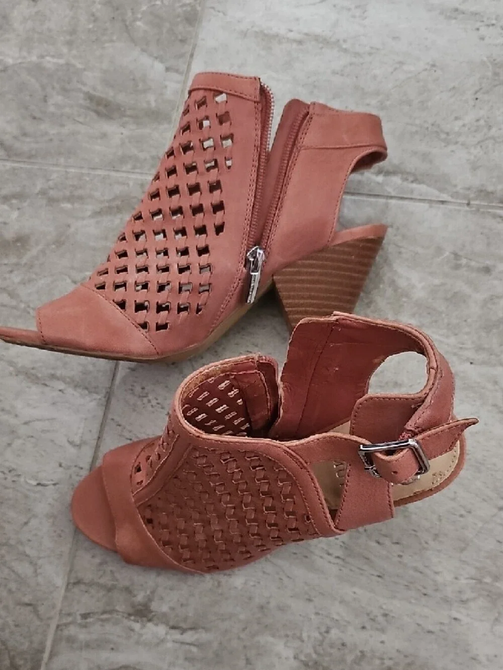 Vince Camuto Dusty Pink Laser-Cut Peep-Toe Slingback Block Heels